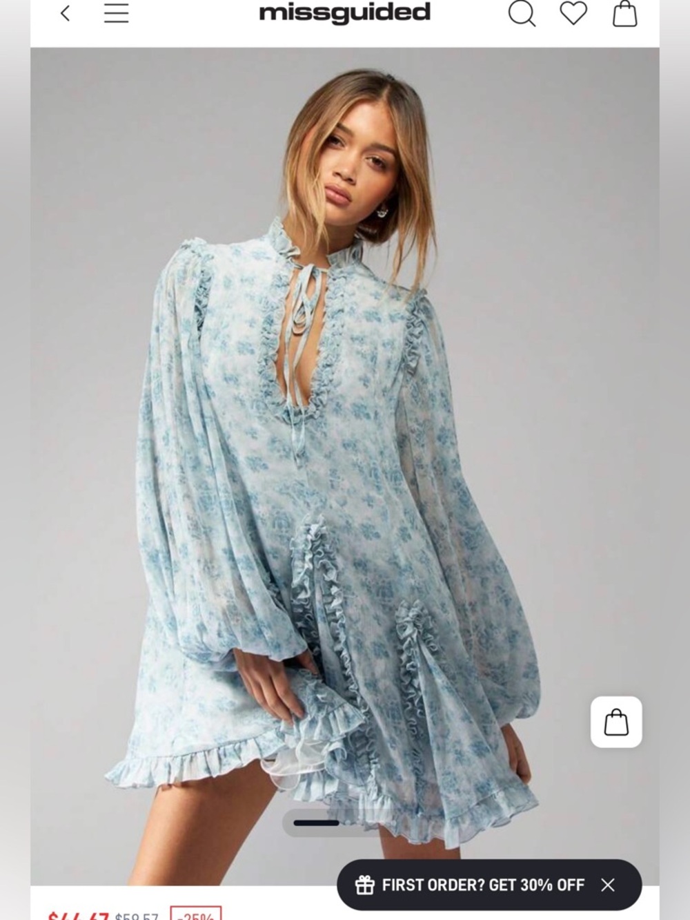 Missguided Pale Blue Floral Ruffle Tie-Front Mini Dress